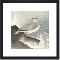 Artery8 Ohara Koson Seagull On Rock Japan Painting 8X8 Inch Square Wooden Framed Wall Art Print Picture with Mount in Black