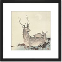 Artery8 Ohara Koson Two Deer Japan Painting 8X8 Inch Square Wooden Framed Wall Art Print Picture with Mount in Black