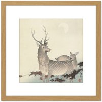 Artery8 Ohara Koson Two Deer Japan Painting 8X8 Inch Square Wooden Framed Wall Art Print Picture with Mount in Light Oak