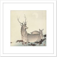 Artery8 Ohara Koson Two Deer Japan Painting 8X8 Inch Square Wooden Framed Wall Art Print Picture with Mount in White