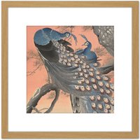 Artery8 Ohara Koson Two Peacocks On Tree Branch Painting 8X8 Inch Square Wooden Framed Wall Art Print Picture with Mount in Light Oak