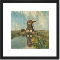 Artery8 Paul Gabriel A Windmill On A Polder Waterway 8X8 Inch Square Wooden Framed Wall Art Print Picture with Mount in Black