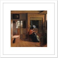 Artery8 Pieter De Hooch Mother Delousing Her Child'S Hair 8X8 Inch Square Wooden Framed Wall Art Print Picture with Mount in White