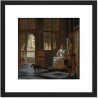 Artery8 Pieter De Hooch Man Handing A Letter To A Woman 8X8 Inch Square Wooden Framed Wall Art Print Picture with Mount in Black