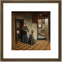 Artery8 Pieter De Hooch Woman With A Child In A Pantry 8X8 Inch Square Wooden Framed Wall Art Print Picture with Mount in Brown