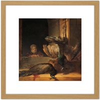 Artery8 Rembrandt Still Life With Peacocks Painting 8X8 Inch Square Wooden Framed Wall Art Print Picture with Mount in Light Oak