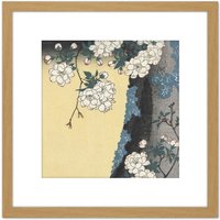 Artery8 Hiroshige Mossy Trunk & Cherry Blossoms 8X8 Inch Square Wooden Framed Wall Art Print Picture with Mount in Light Oak