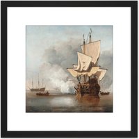 Artery8 The Cannon Shot Battle At Sea Illustration 8X8 Inch Square Wooden Framed Wall Art Print Picture with Mount in Black