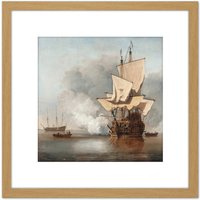 Artery8 The Cannon Shot Battle At Sea Illustration 8X8 Inch Square Wooden Framed Wall Art Print Picture with Mount in Light Oak
