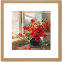 Artery8 Florian Bouquet Poppies Window Flowers Painting 8X8 Inch Square Wooden Framed Wall Art Print Picture with Mount in Light Oak