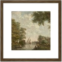 Artery8 Andriessen Dutch Landscape River Trees Painting 8X8 Inch Square Wooden Framed Wall Art Print Picture with Mount in Brown