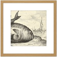 Artery8 Flamen Two Porpoises Beach Vintage Drawing 8X8 Inch Square Wooden Framed Wall Art Print Picture with Mount in Light Oak