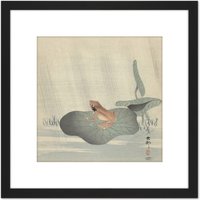 Artery8 Ohara Koson Frog Lotus Leaf Pond Japan Painting 8X8 Inch Square Wooden Framed Wall Art Print Picture with Mount in Black
