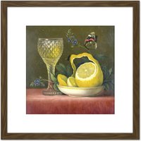 Artery8 Van Os Still Life Lemon & Cut Glass Painting 8X8 Inch Square Wooden Framed Wall Art Print Picture with Mount in Brown