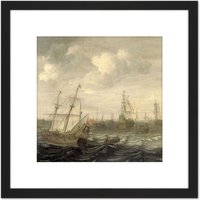 Artery8 Beelt Dutch Herring Fleet Under Sail Ship Painting 8X8 Inch Square Wooden Framed Wall Art Print Picture with Mount in Black
