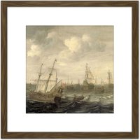 Artery8 Beelt Dutch Herring Fleet Under Sail Ship Painting 8X8 Inch Square Wooden Framed Wall Art Print Picture with Mount in Brown