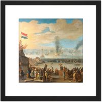 Artery8 Battle Near Livorno Anglo Dutch War Painting 8X8 Inch Square Wooden Framed Wall Art Print Picture with Mount in Black