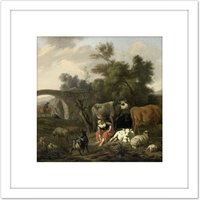 Artery8 Van Bergen Landscape Herdsmen Cattle Painting 8X8 Inch Square Wooden Framed Wall Art Print Picture with Mount in White