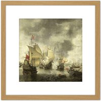 Artery8 Beerstraten Battle Venice Dutch Ships Bay Foya 8X8 Inch Square Wooden Framed Wall Art Print Picture with Mount in Light Oak