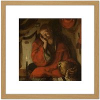 Artery8 Van Leyden Saint Jerome Study Candlelight 8X8 Inch Square Wooden Framed Wall Art Print Picture with Mount in Light Oak