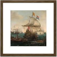 Artery8 Vroom Dutch Ships Ramming Spanish Galleys 8X8 Inch Square Wooden Framed Wall Art Print Picture with Mount in Brown