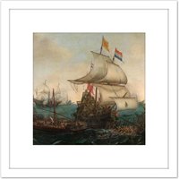 Artery8 Vroom Dutch Ships Ramming Spanish Galleys 8X8 Inch Square Wooden Framed Wall Art Print Picture with Mount in White
