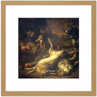 Artery8 Weenix Still Life Monkey Dog Dead Game 8X8 Inch Square Wooden Framed Wall Art Print Picture with Mount in Light Oak
