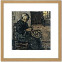 Artery8 Robertson Peasant Woman Peeling Potatoes 8X8 Inch Square Wooden Framed Wall Art Print Picture with Mount in Light Oak