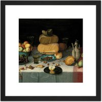 Artery8 Van Dijck Still Life With Cheese 8X8 Inch Square Wooden Framed Wall Art Print Picture with Mount in Black