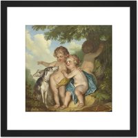 Artery8 Andriessen Three Children With Two Dogs 8X8 Inch Square Wooden Framed Wall Art Print Picture with Mount in Black
