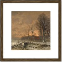 Artery8 Apol Winter Scene Sun Setting Behind Trees 8X8 Inch Square Wooden Framed Wall Art Print Picture with Mount in Brown