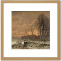 Artery8 Apol Winter Scene Sun Setting Behind Trees 8X8 Inch Square Wooden Framed Wall Art Print Picture with Mount in Light Oak