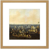 Artery8 De Verwer Naval Battle On The Ijsselmeer 8X8 Inch Square Wooden Framed Wall Art Print Picture with Mount in Light Oak