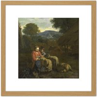 Artery8 Van Der Does Shepherdess Reading Child Sheep 8X8 Inch Square Wooden Framed Wall Art Print Picture with Mount in Light Oak