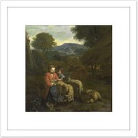 Artery8 Van Der Does Shepherdess Reading Child Sheep 8X8 Inch Square Wooden Framed Wall Art Print Picture with Mount in White