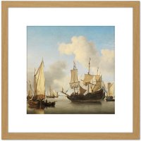 Artery8 Van De Velde Ships At Anchor On Coast 8X8 Inch Square Wooden Framed Wall Art Print Picture with Mount in Light Oak