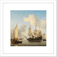 Artery8 Van De Velde Ships At Anchor On Coast 8X8 Inch Square Wooden Framed Wall Art Print Picture with Mount in White