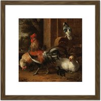 Artery8 D'Hondecoeter Poultry Yard 8X8 Inch Square Wooden Framed Wall Art Print Picture with Mount in Brown