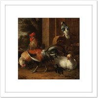 Artery8 D'Hondecoeter Poultry Yard 8X8 Inch Square Wooden Framed Wall Art Print Picture with Mount in White