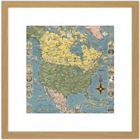 Artery8 1945 Ernest Dudley Chase Pictorial Map North America 8X8 Inch Square Wooden Framed Wall Art Print Picture with Mount in Light Oak