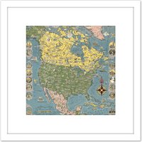 Artery8 1945 Ernest Dudley Chase Pictorial Map North America 8X8 Inch Square Wooden Framed Wall Art Print Picture with Mount in White