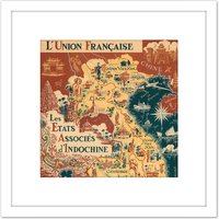 Artery8 1948 Map French Union Associated States Indochina 8X8 Inch Square Wooden Framed Wall Art Print Picture with Mount in White