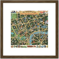 Artery8 1950 Pictorial Map Picture Map If London 8X8 Inch Square Wooden Framed Wall Art Print Picture with Mount in Brown