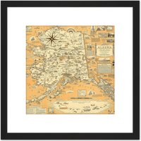 Artery8 1959 Ernest Dudley Chase A Pictorial Map Of Alaska 8X8 Inch Square Wooden Framed Wall Art Print Picture with Mount in Black