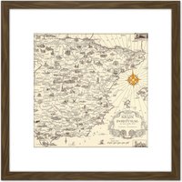 Artery8 Map Ernest Dudley Chase 1935 Spain Portugal Pictorial 8X8 Inch Square Wooden Framed Wall Art Print Picture with Mount in Brown