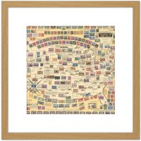 Artery8 Map Ernest Dudley Chase 1947 Stamps USA Pictorial 8X8 Inch Square Wooden Framed Wall Art Print Picture with Mount in Light Oak