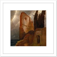 Artery8 Bocklin Ruin By The Sea Painting 8X8 Inch Square Wooden Framed Wall Art Print Picture with Mount in White