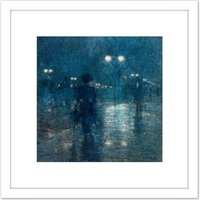Artery8 Hassam Fifth Avenue Nocturne 8X8 Inch Square Wooden Framed Wall Art Print Picture with Mount in White