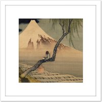Artery8 Hokusai Boy Viewing Mount Fuji 8X8 Inch Square Wooden Framed Wall Art Print Picture with Mount in White