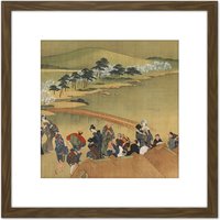 Artery8 Hokusai Cherry Blossom Viewing 8X8 Inch Square Wooden Framed Wall Art Print Picture with Mount in Brown